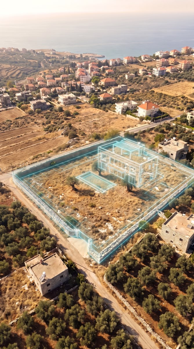 Glowing 3D plan of the villa over the empty plot